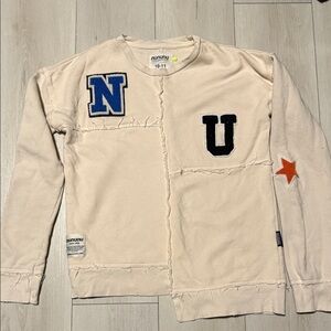 Nununu Beige Sweatshirt with Blue and Black Patches Boys Size 10-11
